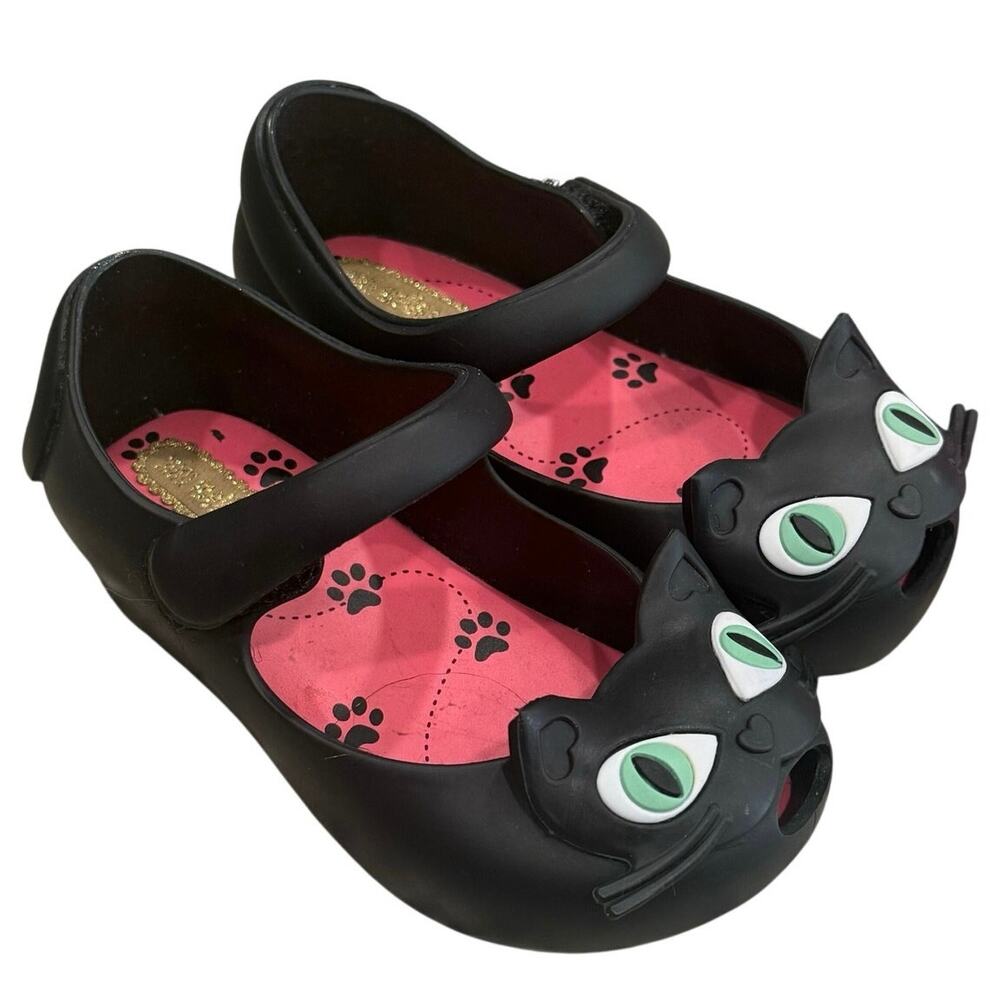 Mini Melissa Black Cat Mary Jane Shoes Toddler Size 7C Kitty Ballet Flats